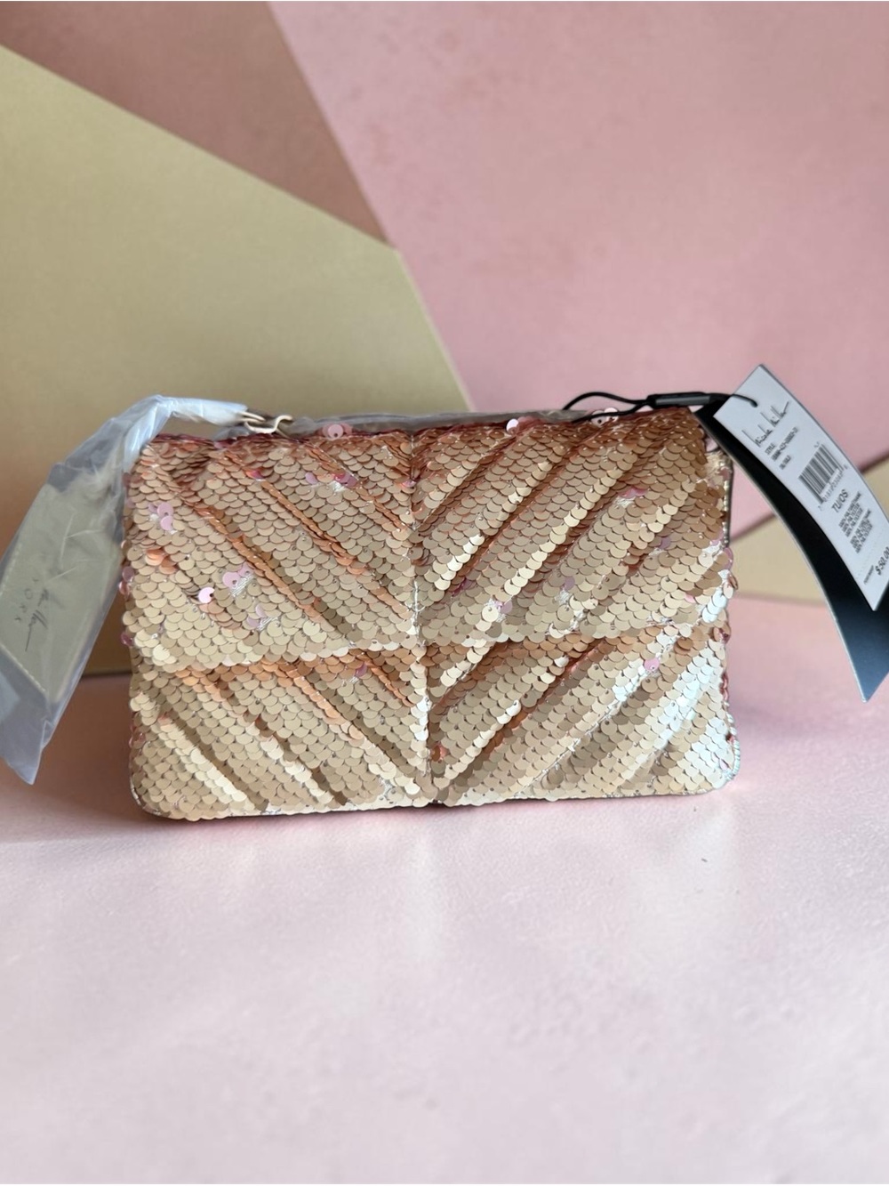 NWT Nicole Miller Gold Sequin Chevron Clutch Crossbody Evening Bag